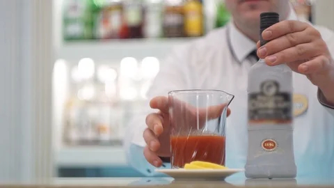 Bartender puts on the bar ingredients for bloody mary Video stock 101968201
