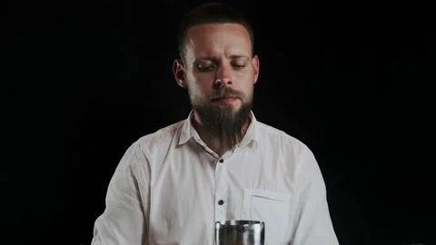 Bartender putting sugar powder in shaker while preparing alcoholic cocktail Stock Footage 132764741