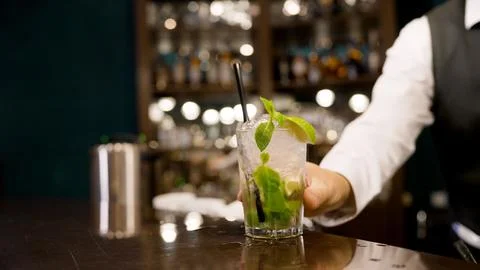 Bartender serving mojito cocktail with mint and lime in dimly lit bar Stock Photos
