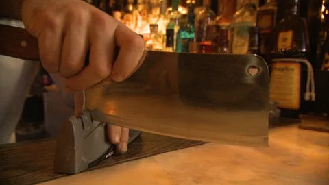 Bartender Sharpening Cleaver Knife Stock-Footage 107997753