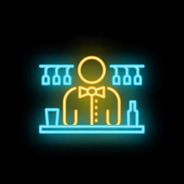 Bartender standing behind bar with glasses and bottles in neon style Stock Illustration