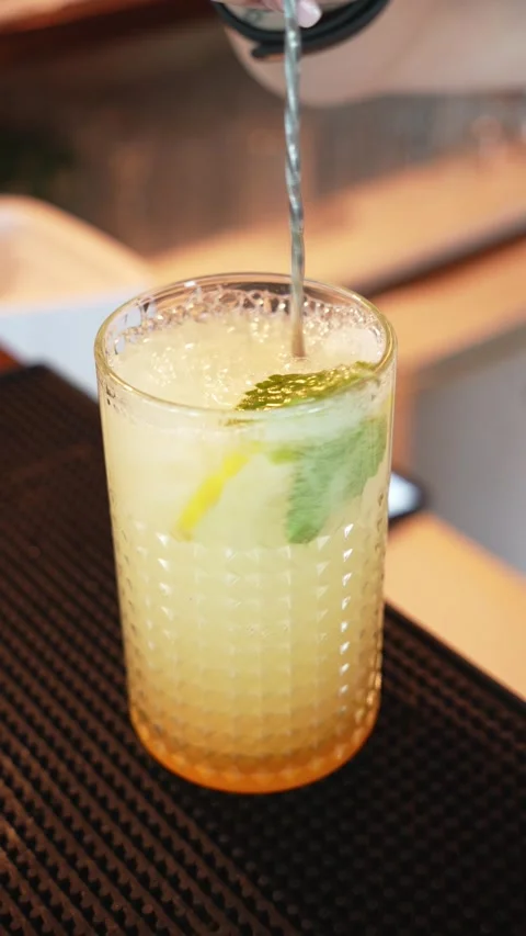 Bartender stirs a refreshing citrus cocktail with ice, lime and fresh mint Stock Footage 346719254