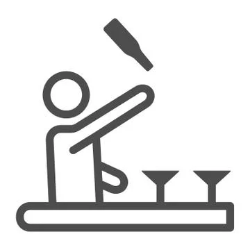 Bartender throws up a bottle of drink line icon, Bartenders Day concept Stock Illustration
