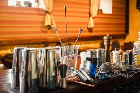 Bartender tools on bar Stock Photos