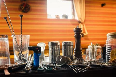 Bartender tools on bar Stock Photos