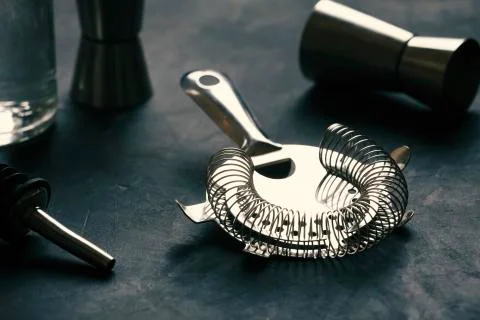 Bartender tools on dark concrete. Bar concept. Foto stock