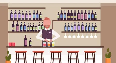 Bartender using shaker making cocktails barman in uniform mixing beverage Stock Illustration