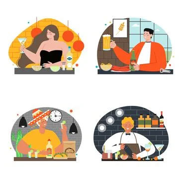 Bartender vector flat character making alcohol set 库存插图