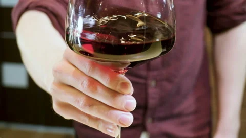 Bartender at work. Male hand shaking a wine glass with red wine in it. 4K Stock-Footage 97651569