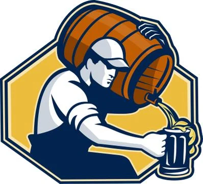 Bartender worker pouring beer from barrel to mug. Illustrazione stock