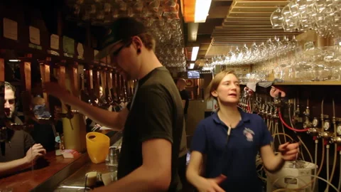 Bartenders and Pub Staff Preparing Draft Beer Behind Busy Bar Counter Stock-Footage 344033054