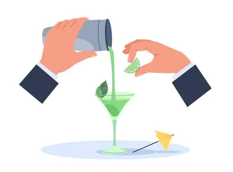 Bartenders hands are preparing cocktail. Hand hold lime and bar shaker with cold Stock Illustration