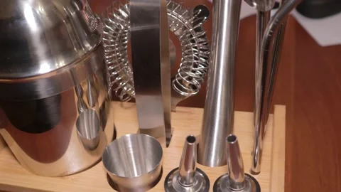 Bartender's set accessories Jigger mader strainer metallic tube shaker ice tongs 스톡 동영상 150436570