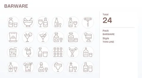 Barware Vector Icon Repository containing 24 Thin Line High Resolution PIXE.. Stock Illustration