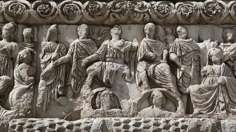 Bas-relief on the ancient Arch of Galerius in Thessaloniki, Greece Stock Footage 35701747