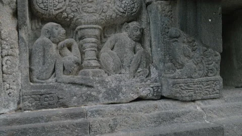 Bas relief and carved pattern at the Hindu Prambanan temple, in Indonesia Stock Footage 222935869