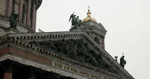 Bas-relief and sculptures of St. Isaac's Cathedral, snowfall, Saint Petersburg Stock Footage 71224936