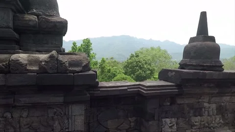 Bas Relief and Stupa on the wall, Borobudur Temple Terrace, Java, Indonesia Stock Footage 308110473