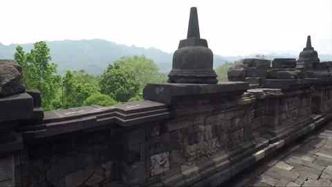 Bas Relief and Stupa on the wall, Borobudur Temple Terrace, Java, Indonesia Stock Footage 308110780