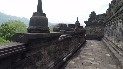 Bas Relief and Stupa on the wall, Borobudur Temple Terrace, Java, Indonesia Stock Footage 308191161