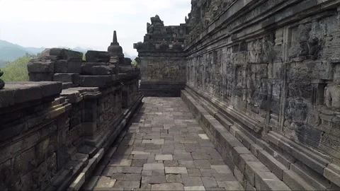 Bas Relief and Stupa on the wall, Borobudur Temple Terrace, Java, Indonesia Stock Footage 308191642