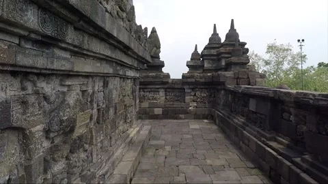 Bas Relief and Stupas on the wall, Borobudur Temple Terrace, Java, Indonesia Stock Footage 306615221