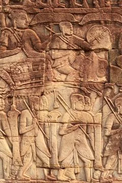 A bas relief, bas-relief, stone carving on a wall of the Bayon Temple, elep.. Stock Photos