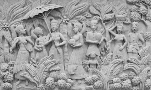 Bas-relief on cement plaster in Thai style, Thailand Stock Photos