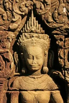 Bas-relief of devata, banteay kdei temple Stock Photos