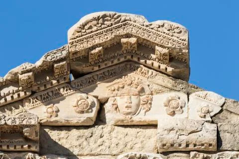 Bas Relief On The Library Of Celsus, Ephesus, Izmir, Turkey Stock Photos