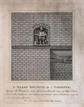 A bas-relief sculpture of a gardener, dated 1670. Line engraving, c. 1791. Stock Illustration