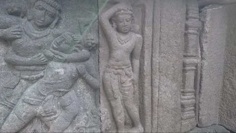 Bas relief on the terrace wall, Vishnu Temple, Prambanan, Java, Indonesia Vídeos de archivo 249981997