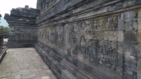 Bas Relief on the wall, Borobudur Temple Terrace, Java, Indonesia Stock Footage 307384047