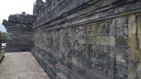 Bas Relief on the wall, Borobudur Temple Terrace, Java, Indonesia Stock Footage 307384143