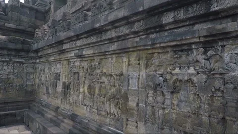 Bas Relief on the wall, Borobudur Temple Terrace, Java, Indonesia Stock Footage 307493832