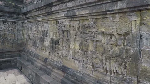Bas Relief on the wall, Borobudur Temple Terrace, Java, Indonesia Video stock 307494080