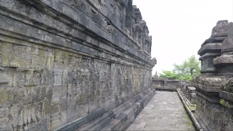 Bas Relief on the wall, Borobudur Temple Terrace, Java, Indonesia Видео 307496277