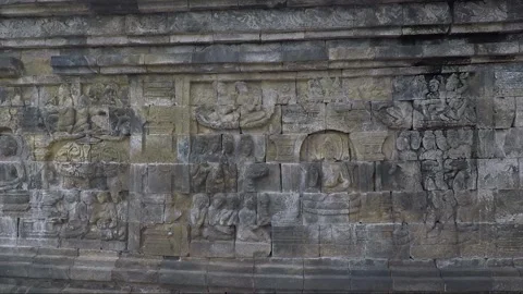 Bas Relief on the wall, Borobudur Temple Terrace, Java, Indonesia Stock Footage 307853617