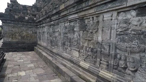 Bas Relief on the wall, Borobudur Temple Terrace, Java, Indonesia Vídeo Stock 308193450