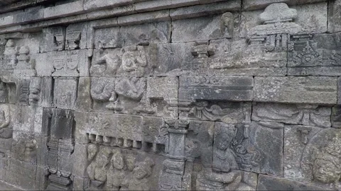 Bas Relief on the wall, Borobudur Temple Terrace, Java, Indonesia 스톡 동영상 309311126