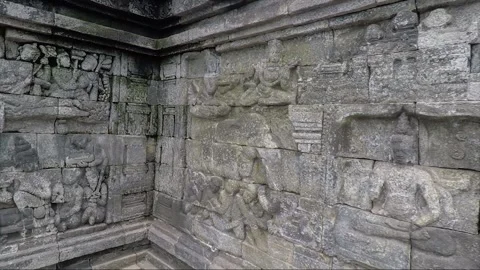 Bas Relief on the wall, Borobudur Temple Terrace, Java, Indonesia Video stock 309314125