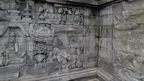 Bas Relief on the wall, Borobudur Temple Terrace, Java, Indonesia Video stock 309314611
