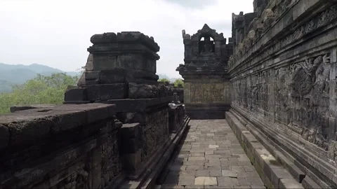 Bas Relief on the wall, Buddha Statue, Borobudur Temple Terrace, Java, Indonesia Stock Footage 308251437