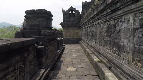 Bas Relief on the wall, Buddha Statue, Borobudur Temple Terrace, Java, Indonesia Stock Footage 308251486