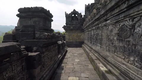 Bas Relief on the wall, Buddha Statue, Borobudur Temple Terrace, Java, Indonesia Stock Footage 308251687