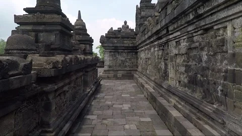 Bas Relief on the wall, Buddha Statue, Borobudur Temple Terrace, Indonesia 库存影片 309301072