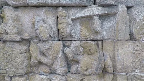 Bas Relief, Wall of Temple Terrace, Borobudur, Java, Indonesia Stock Footage 243970182