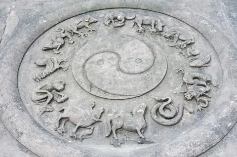 Bas-Relief with YinYang symbol and twelve animals Фото
