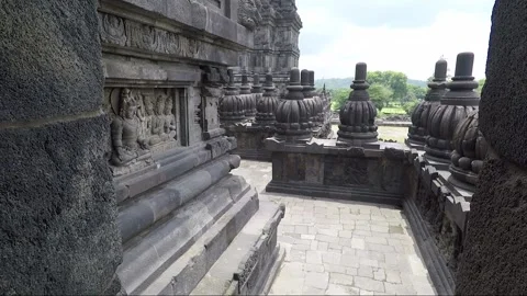 Bas Reliefs and Pinnacles on Terrace, Shiva Temple, Prambanan, Java, Indonesia Stock-Footage 247014507
