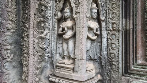 Bas-reliefs depicting the divine dancer Apsara, the temple of TA Prom Stock Footage 106050891